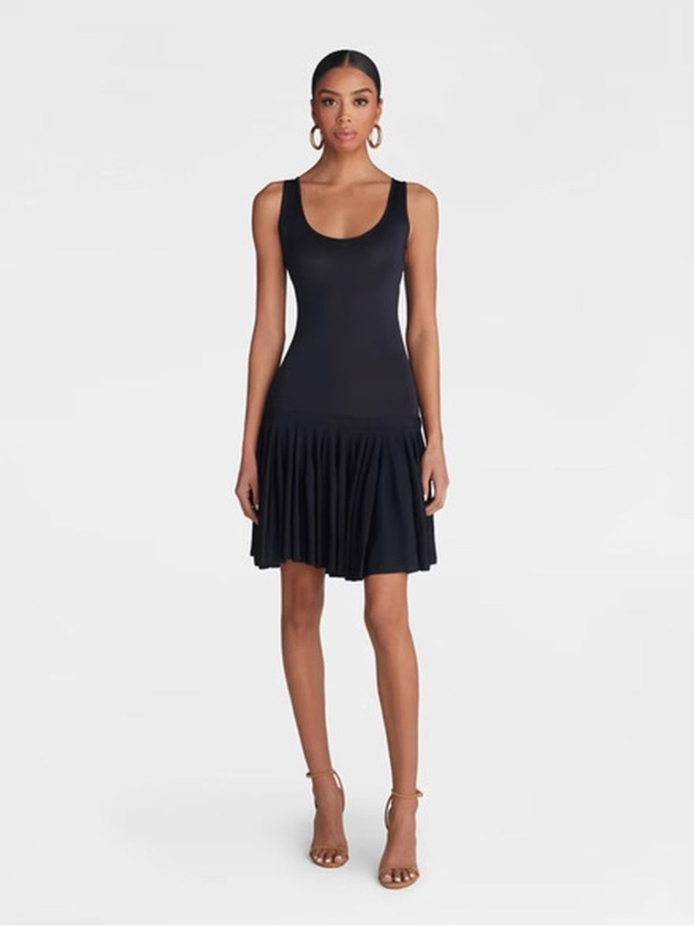 Scoop Neck Black Mini Dress with Pleated Skirt